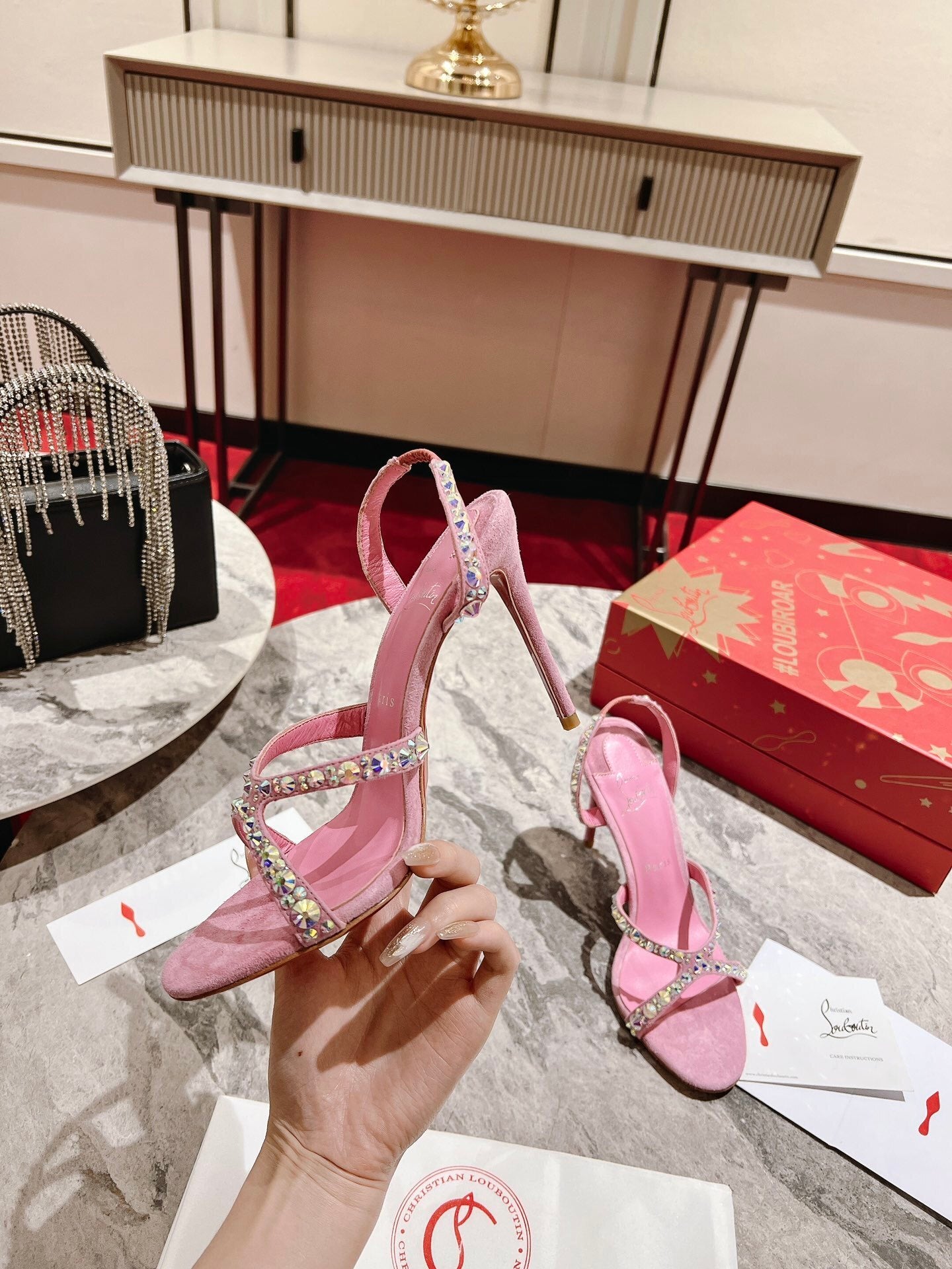 PINK SUEDE RHINESTONE-STRAP SANDAL HEELS