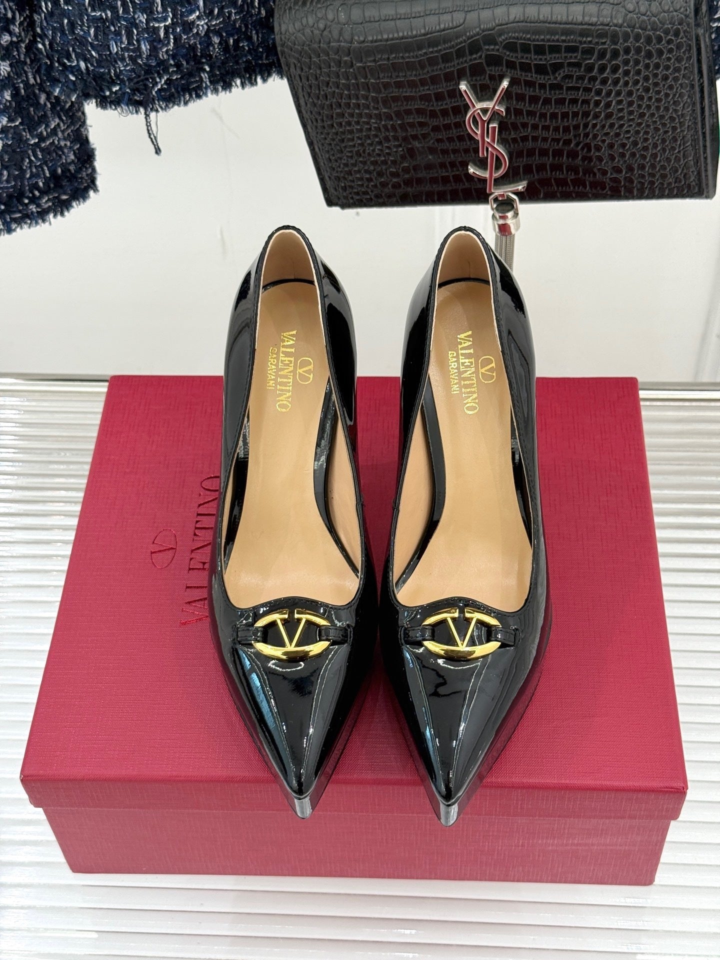 BLACK PATENT PLATFORM PUMPS WITH GOLD DETAIL