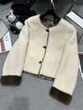 IVORY SOFT-SHEARLING JACKET WITH PATTERNED TRIM DETAILS