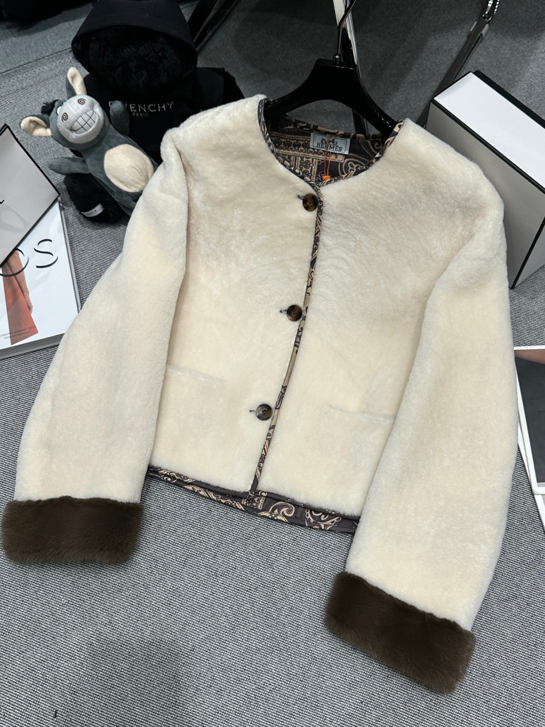 IVORY SOFT-SHEARLING JACKET WITH PATTERNED TRIM DETAILS