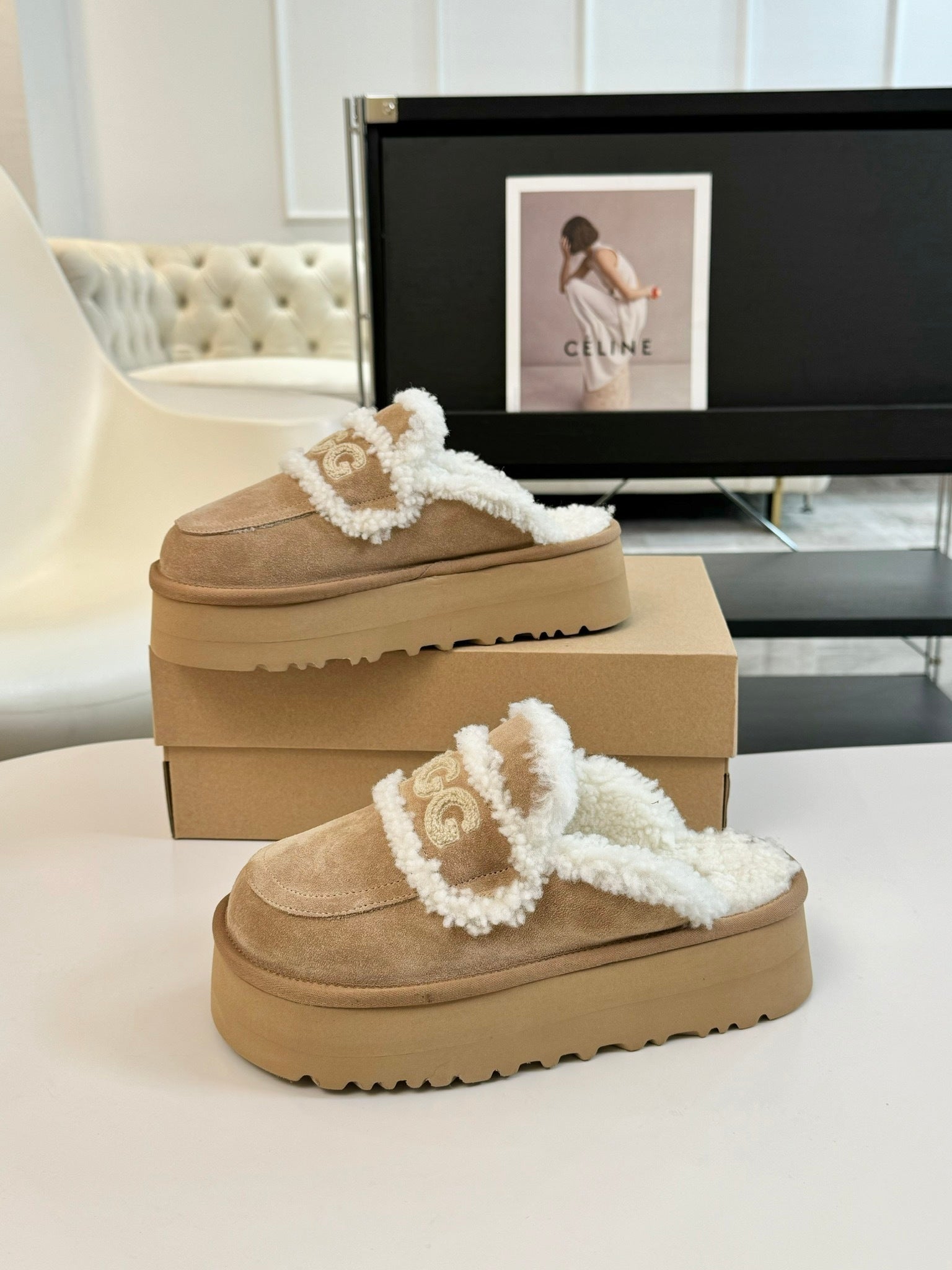 PLATFORM SHEARLING STRAP SLIPPERS