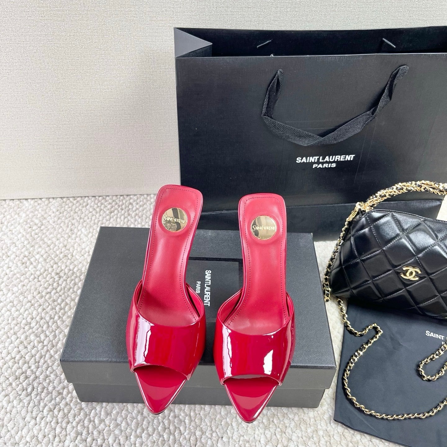RED PATENT OPEN-TOE MULE HEELS
