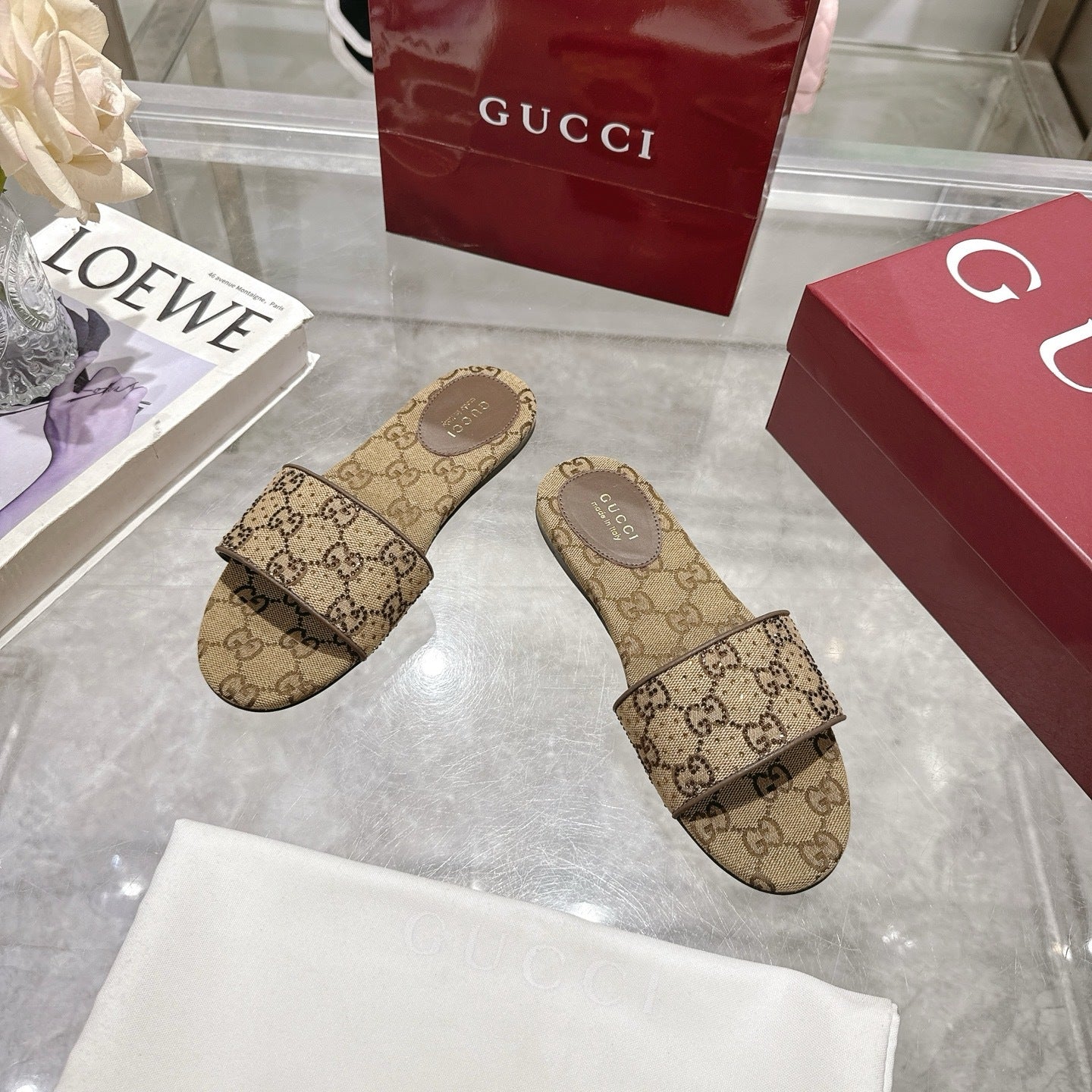 BEIGE PATTERNED SLIDE SANDALS
