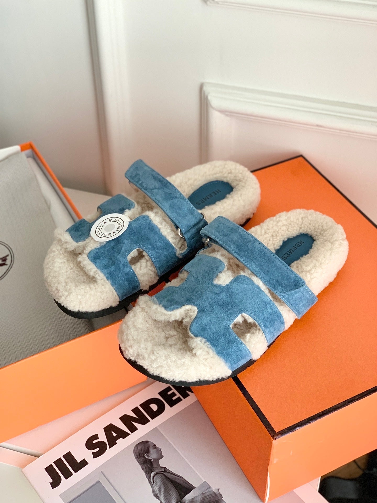 SHEARLING SLIDE SANDALS WITH BLUE SUEDE STRAPS