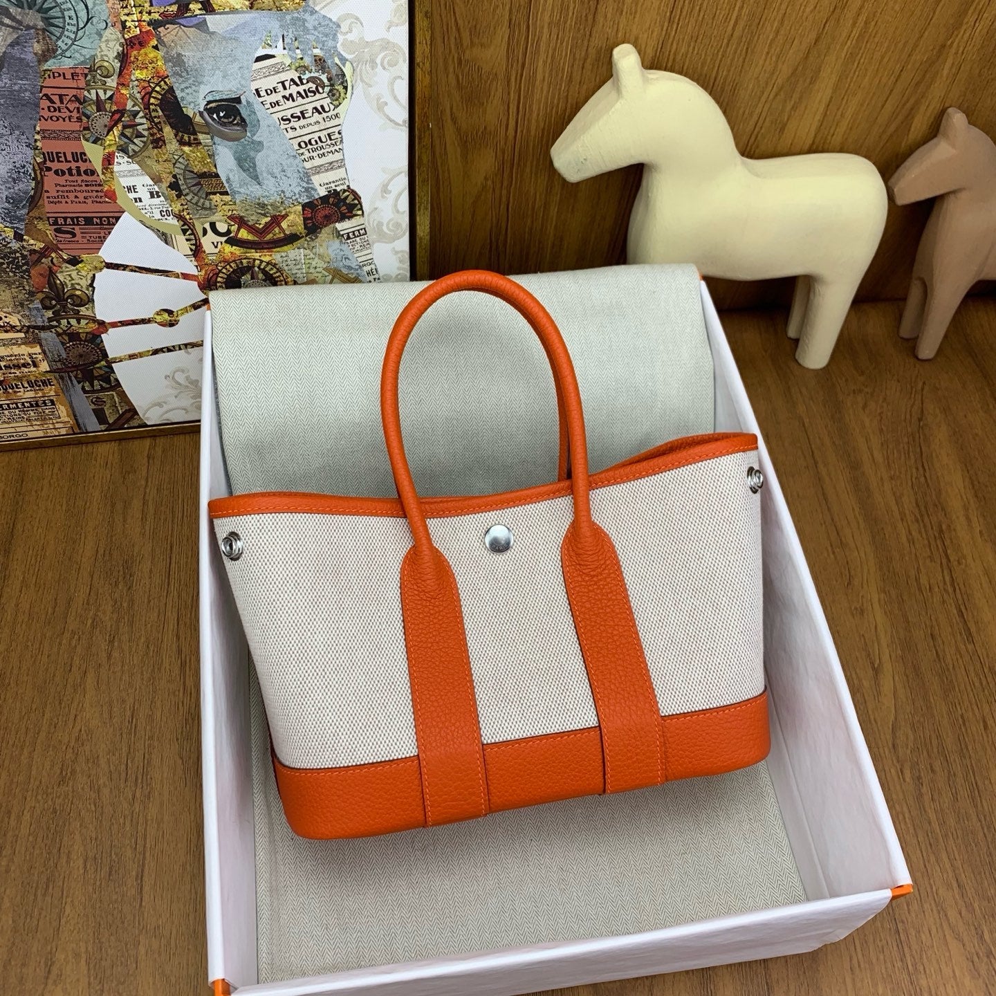 LUXURY ORANGE CANVAS & LEATHER TOTE HANDBAG