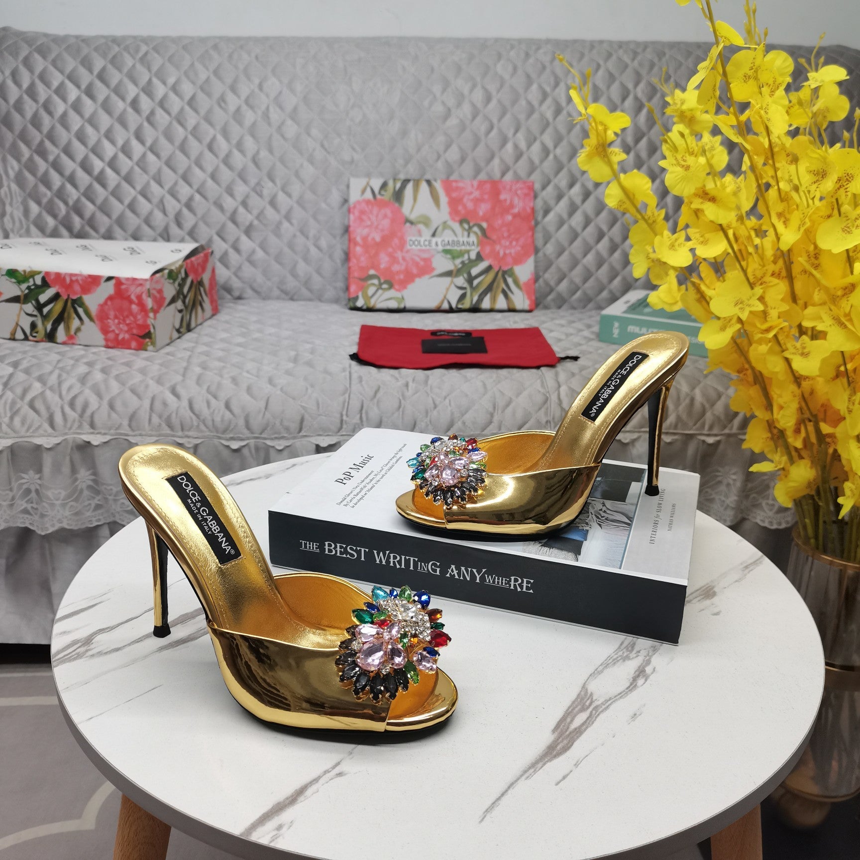 GOLD METALLIC MULE HEEL SANDALS WITH MULTICOLOR CRYSTAL EMBELLISHMENT