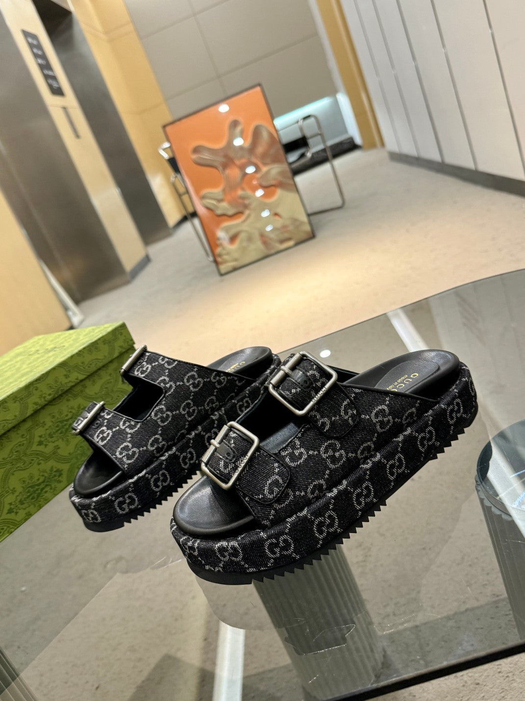 BLACK MONOGRAM DOUBLE-STRAP PLATFORM SANDALS