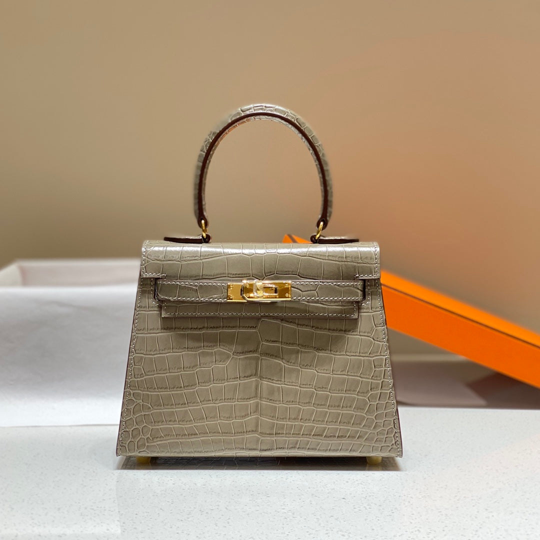 LUXURY TAUPE CROCODILE EMBOSSED MINI TOP HANDLE HANDBAG WITH GOLD HARDWARE