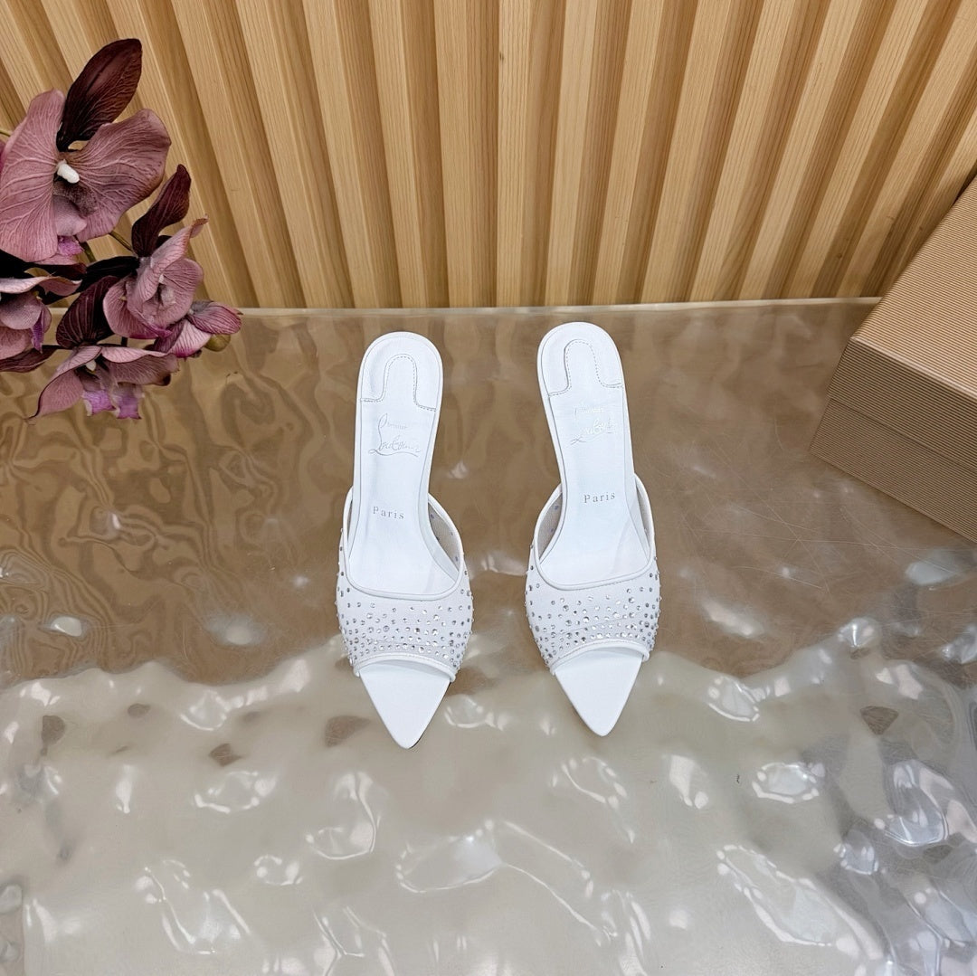 WHITE RHINESTONE MULE HEELS
