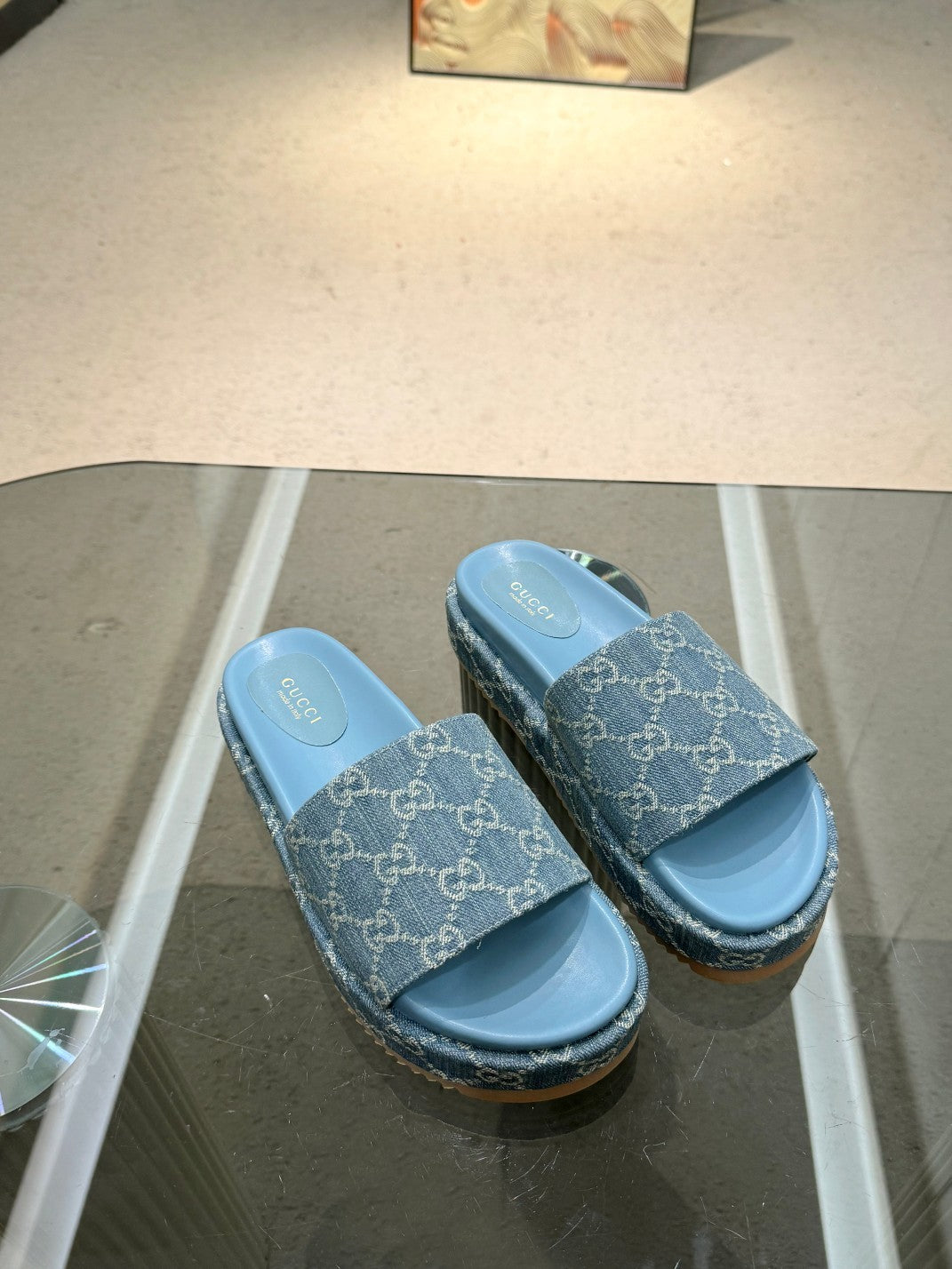 DENIM MONOGRAM PLATFORM SLIDE SANDALS