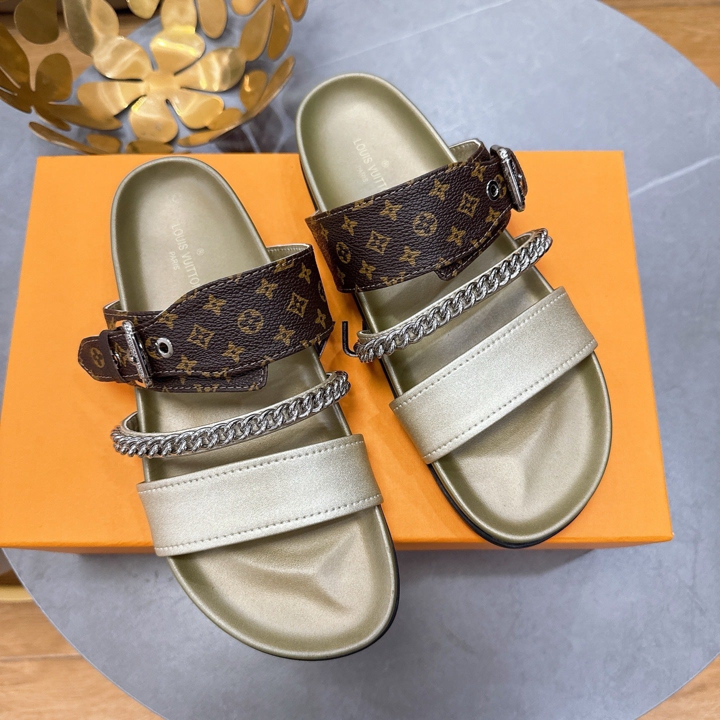 BEIGE MULTI-STRAP CHAIN DETAIL SLIDE SANDALS