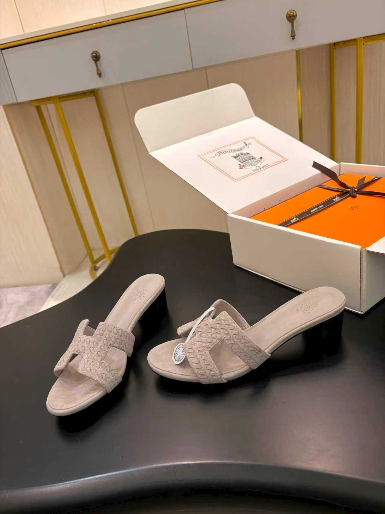 TAUPE SUEDE HEELED SLIDE SANDALS