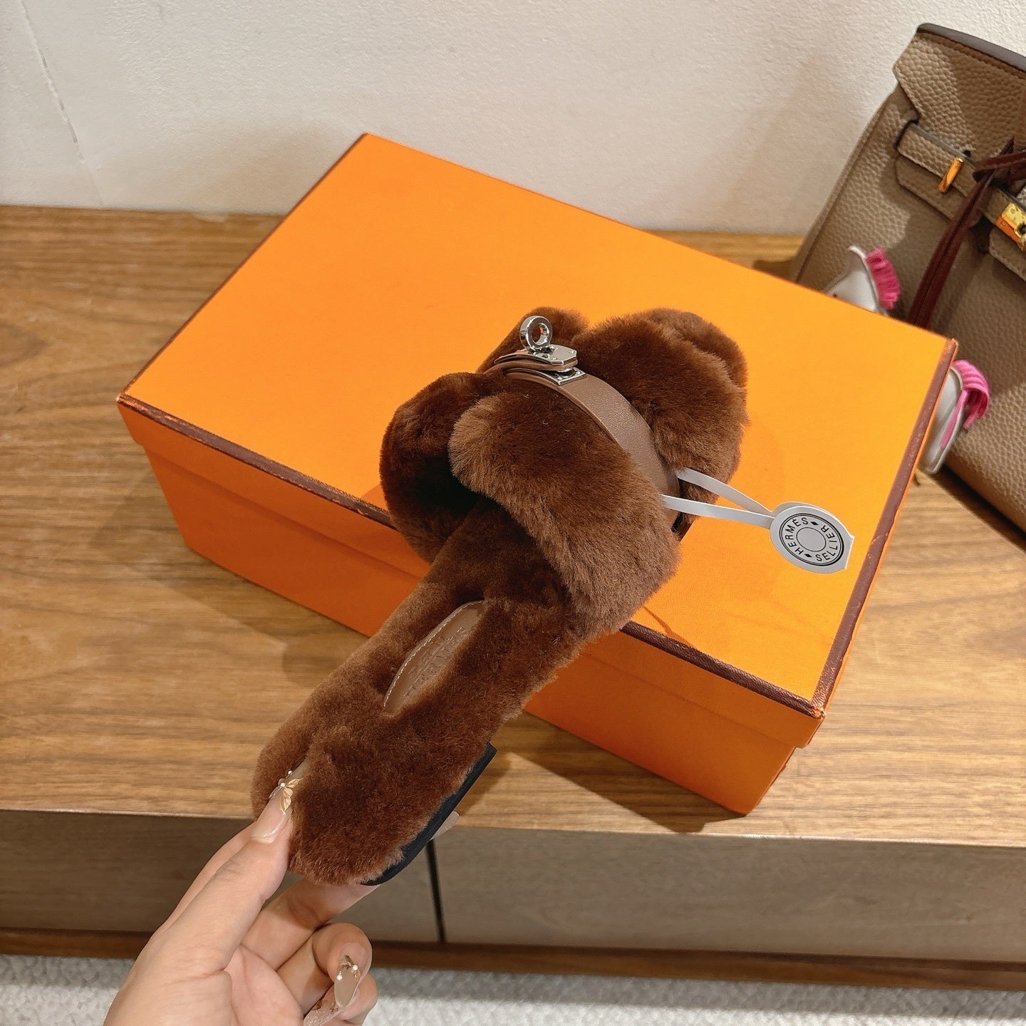 BROWN FAUX FUR MULE SLIPPERS WITH SILVER-TONE ACCENT