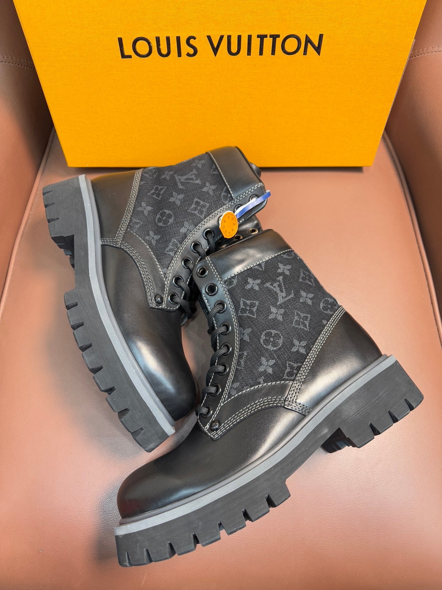 BLACK MONOGRAM CANVAS COMBAT BOOTS