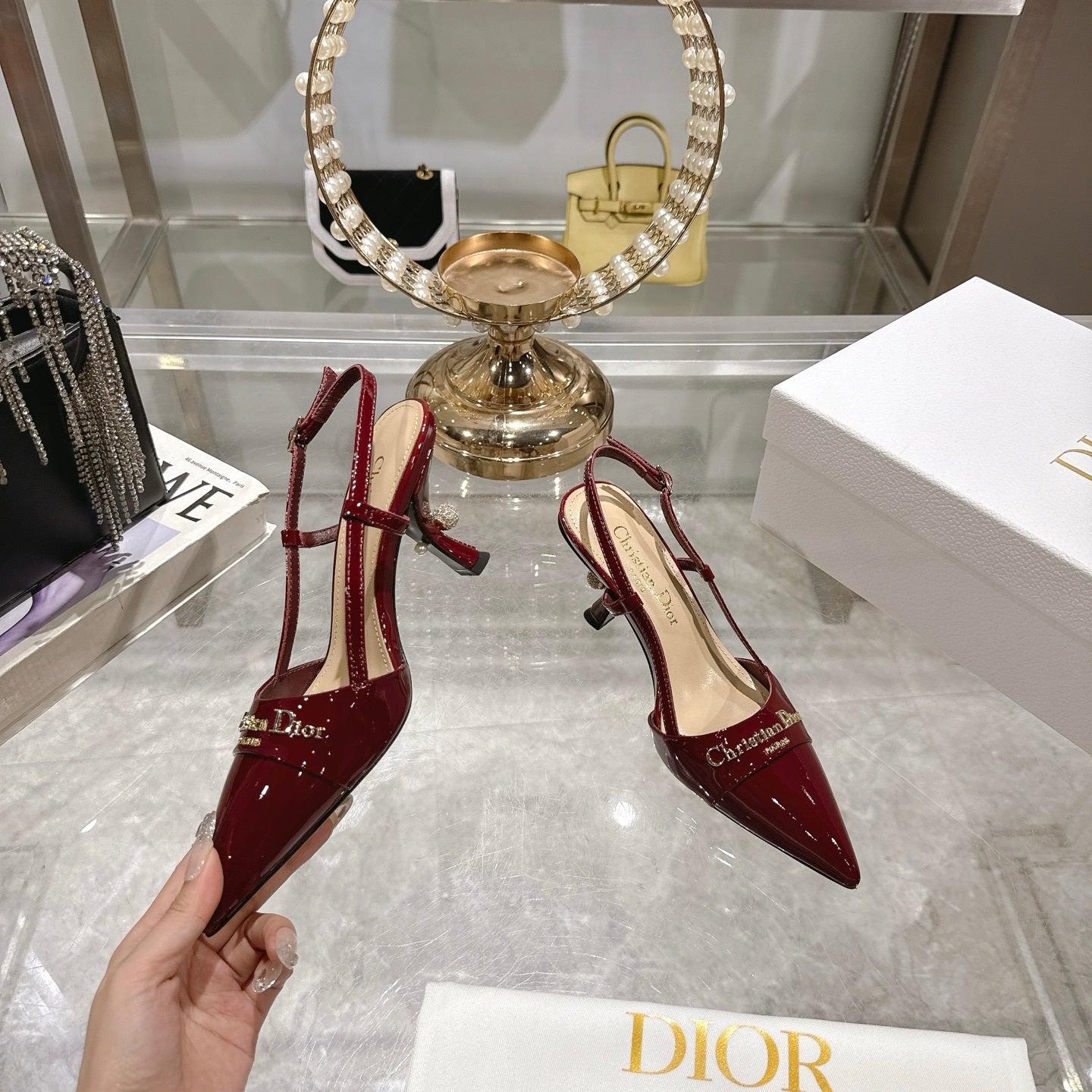 PATENT SLINGBACK KITTEN HEELS – BURGUNDY