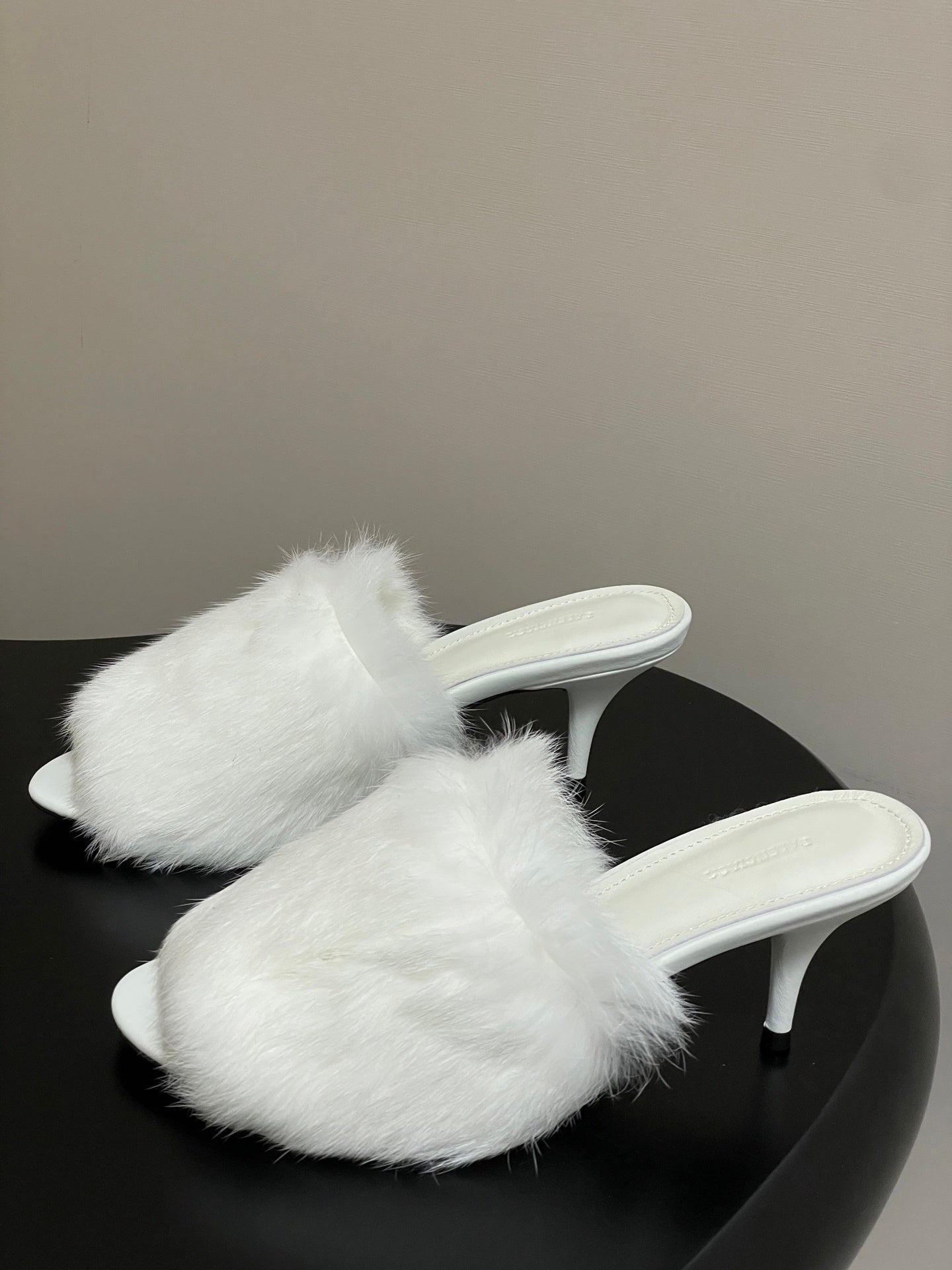 WHITE FUR STRAP MULE HEELS