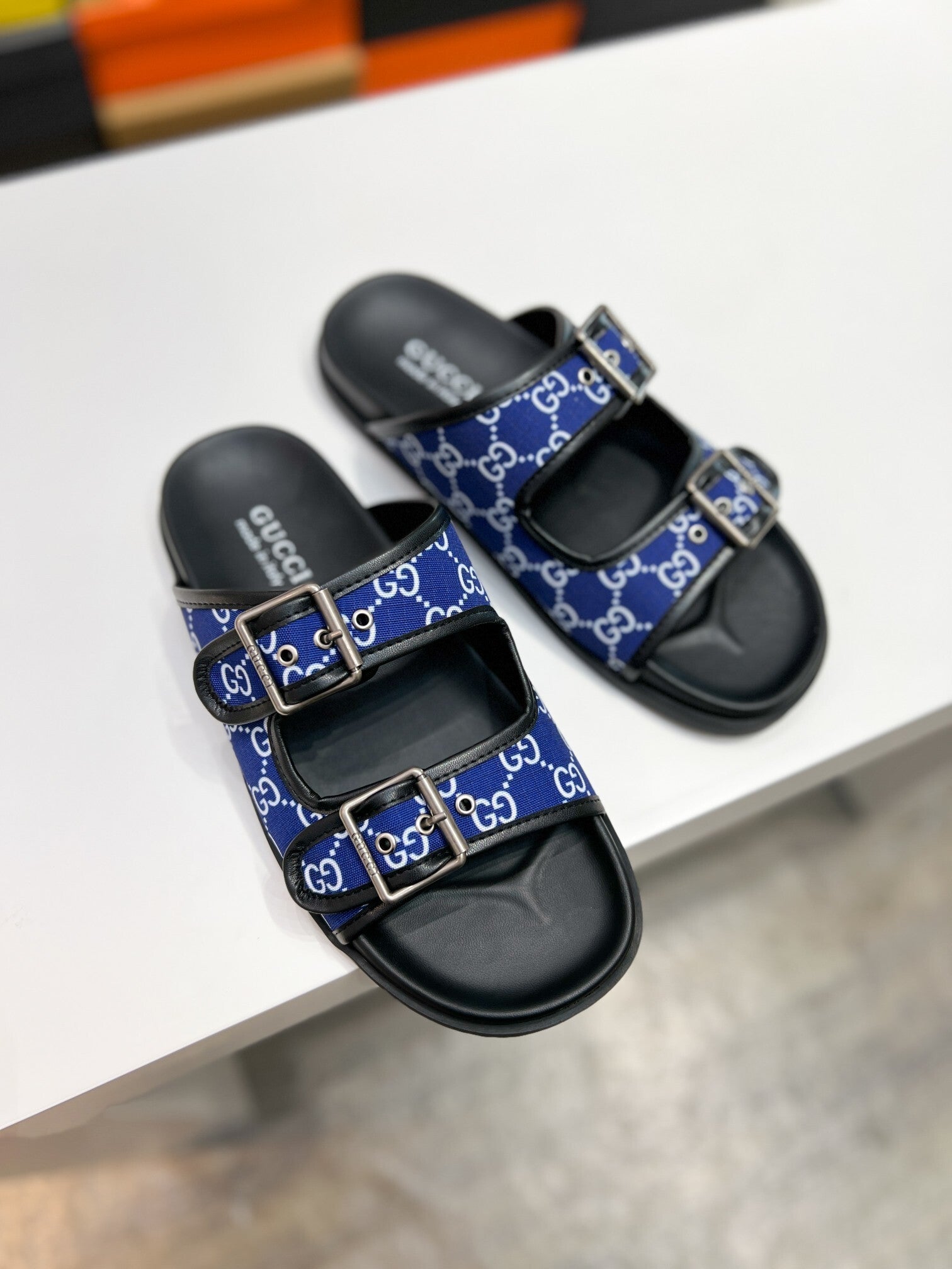 BLUE MONOGRAM DOUBLE BUCKLE SLIDE SANDALS