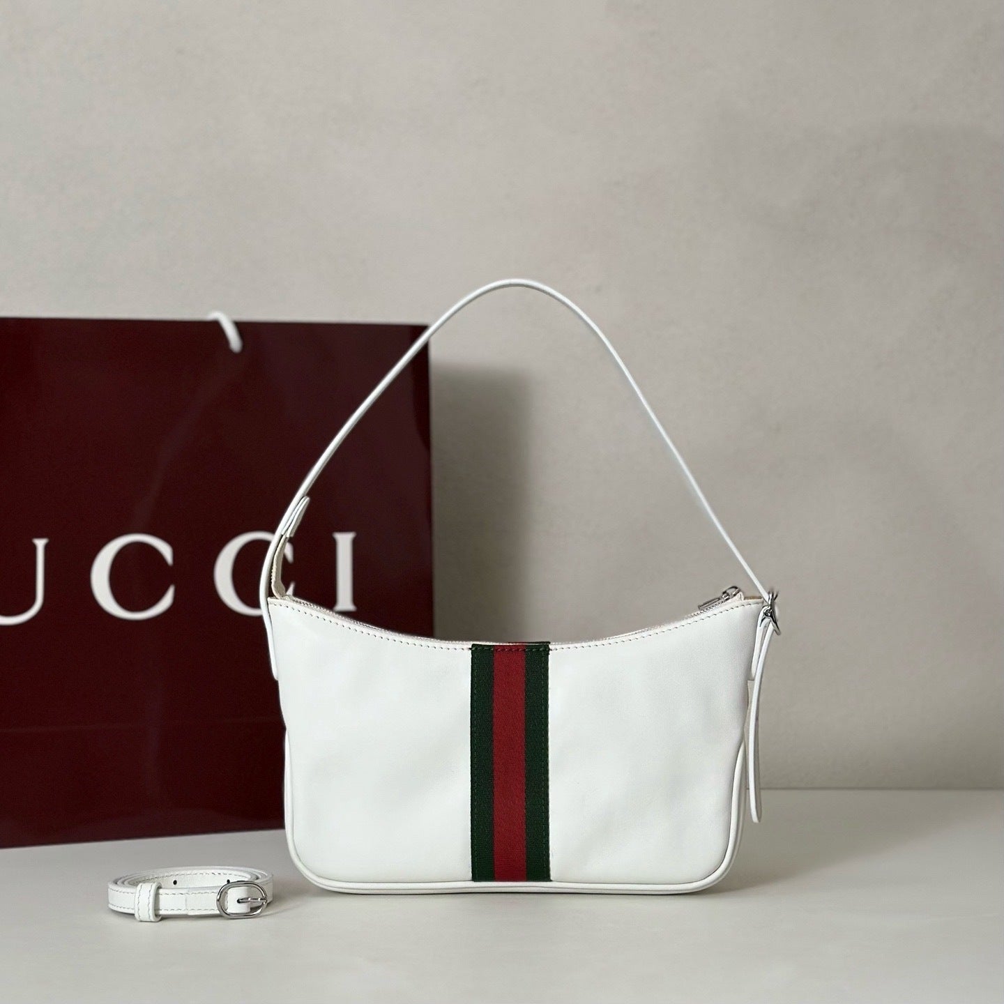STRIPED LEATHER SHOULDER BAG – WHITE