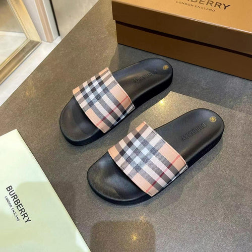 BEIGE CHECK PRINT SLIDE SANDALS