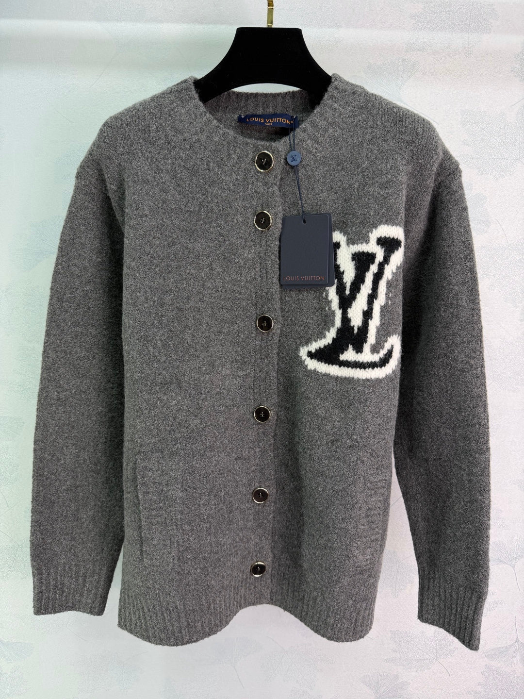 BUTTON-UP KNIT CARDIGAN WITH CONTRAST PATCH DETAIL