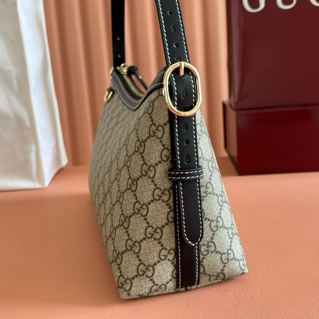 BEIGE MONOGRAM CANVAS SHOULDER BAG WITH BLACK LEATHER TRIM