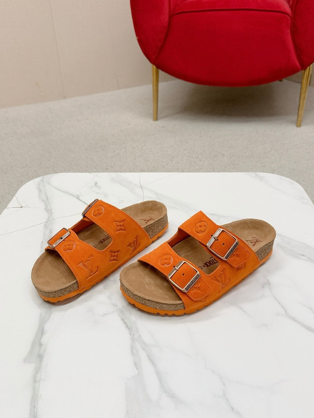 ORANGE DOUBLE-STRAP BUCKLE SLIDE SANDALS