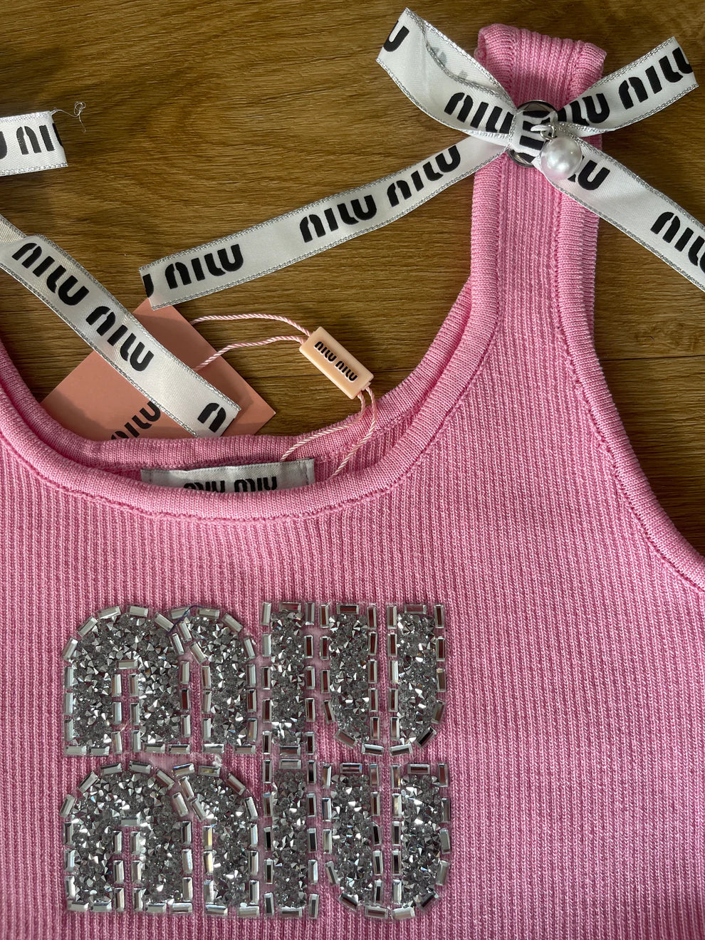 RHINESTONE LOGO RIBBED BOW TANK TOP
