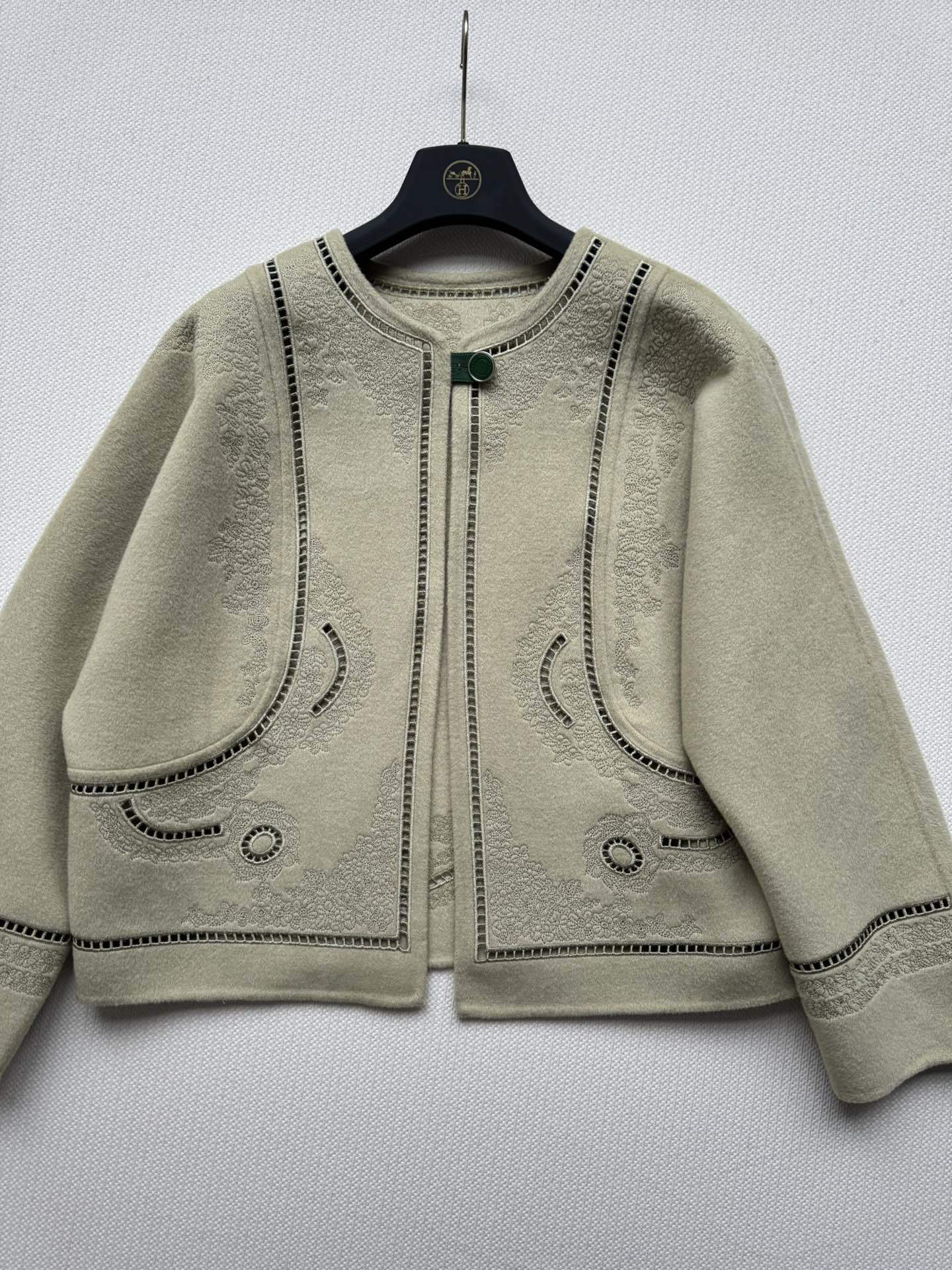 SOFT SAGE EMBOSSED JACKET WITH DECORATIVE TRIM