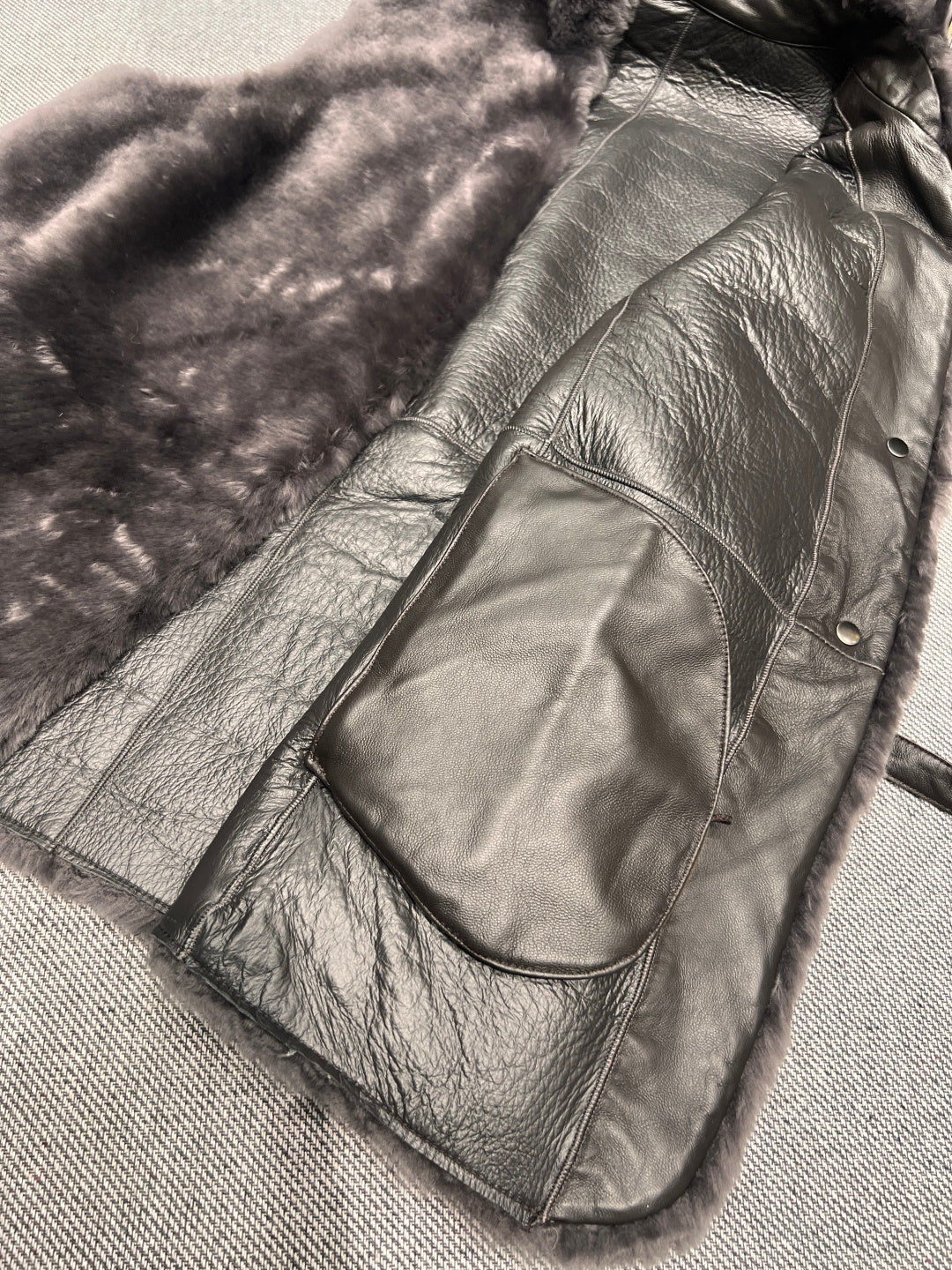 LUXURY GREY FUR VEST WITH LEATHER WAIST BELT