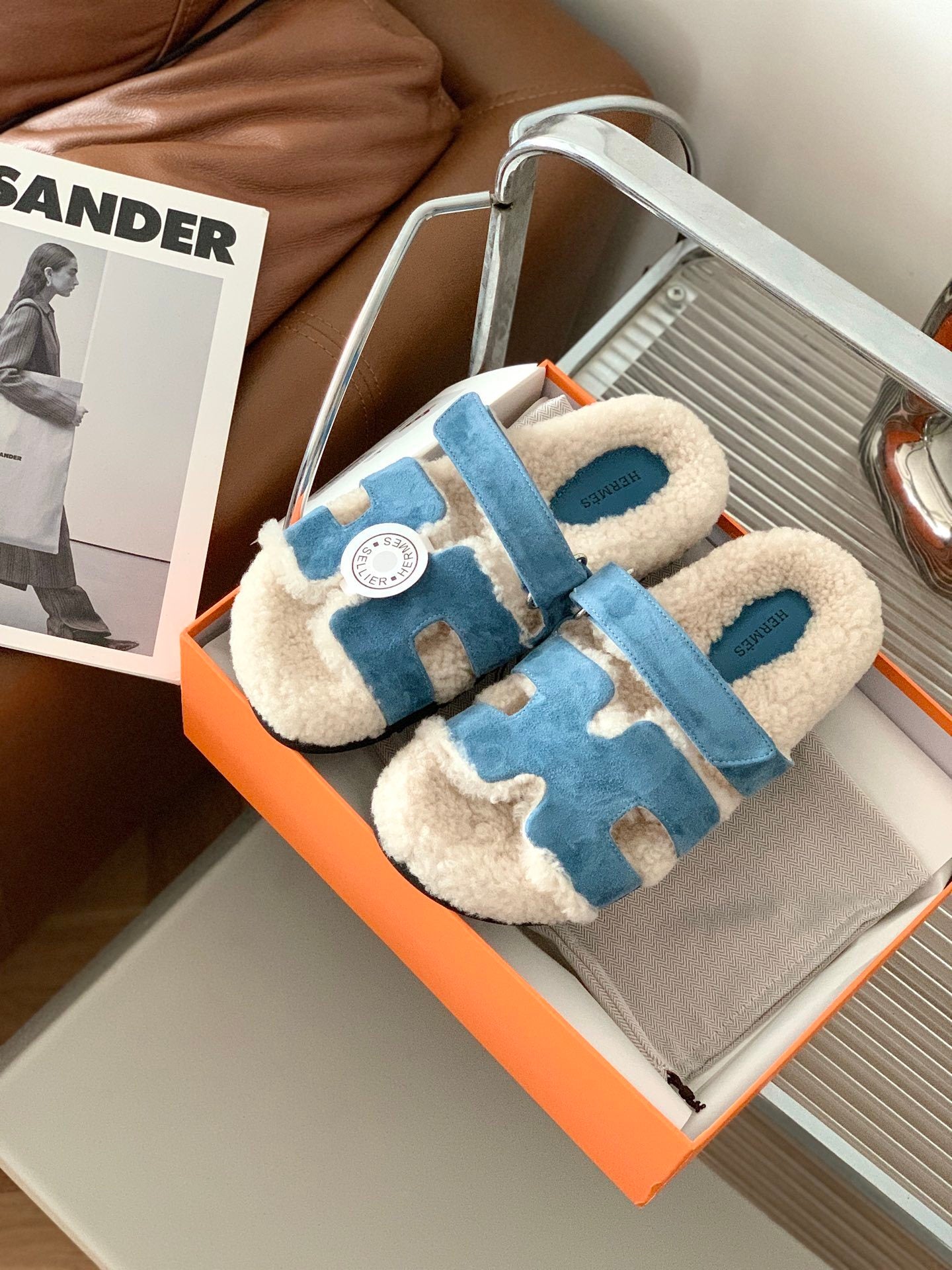 SHEARLING SLIDE SANDALS WITH BLUE SUEDE STRAPS