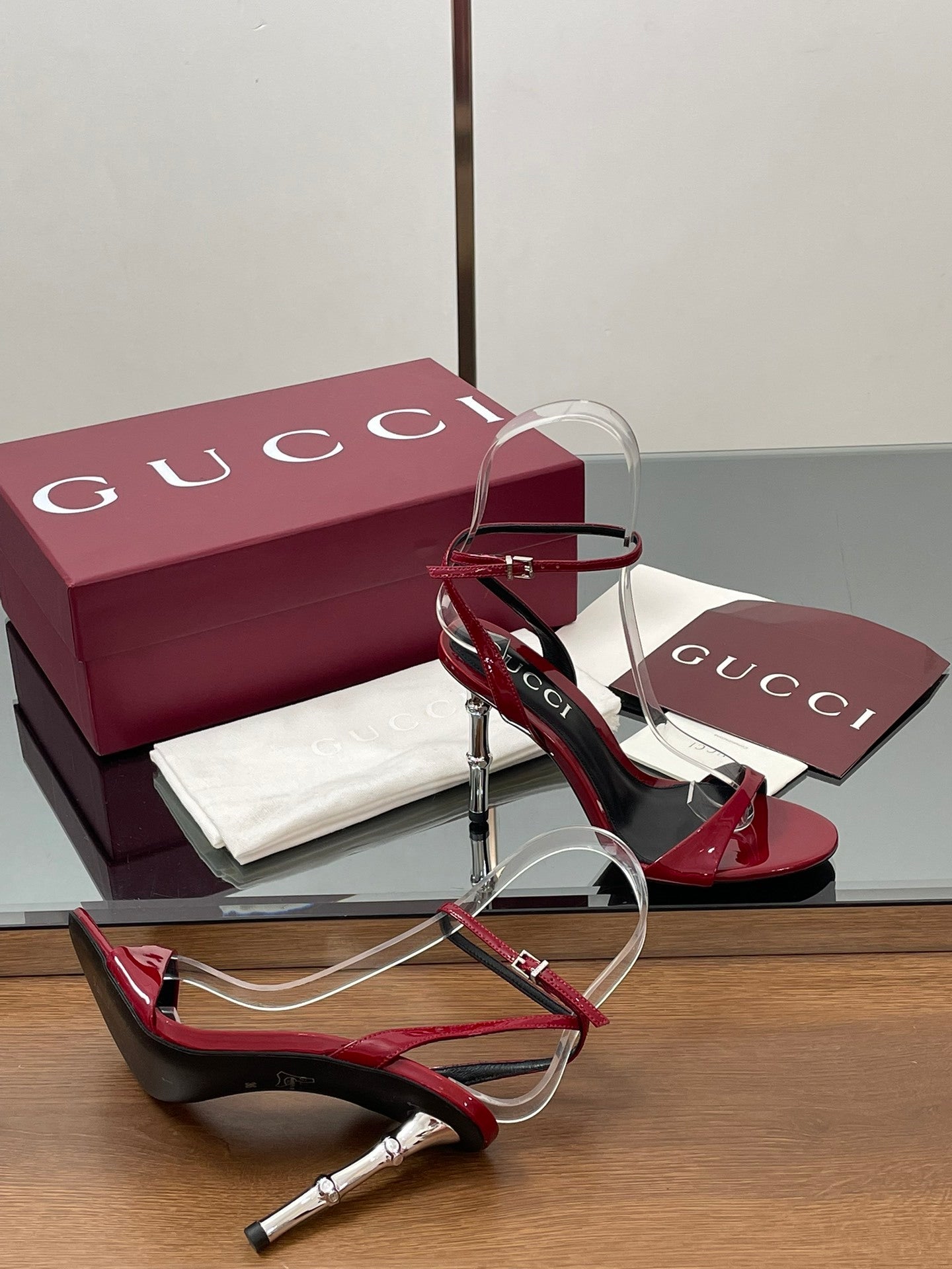 RED PATENT STRAPPY HEEL SANDALS WITH METALLIC HEEL