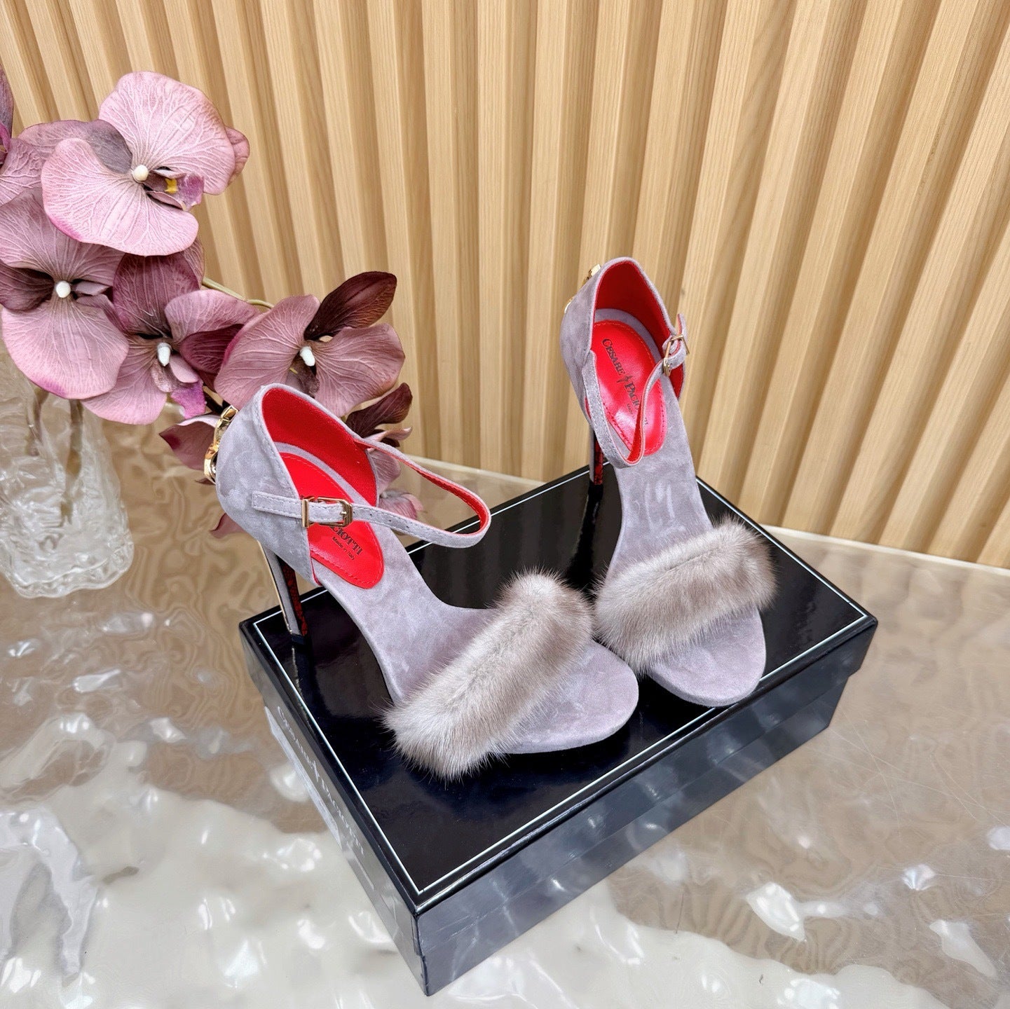 LUXE FUR STILETTO HEELS – GREY & RED EDITION