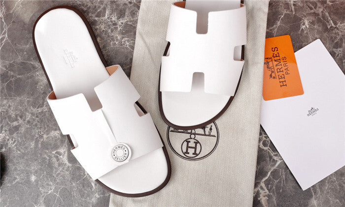 CRISP WHITE H-CUT LEATHER SLIDE SANDALS