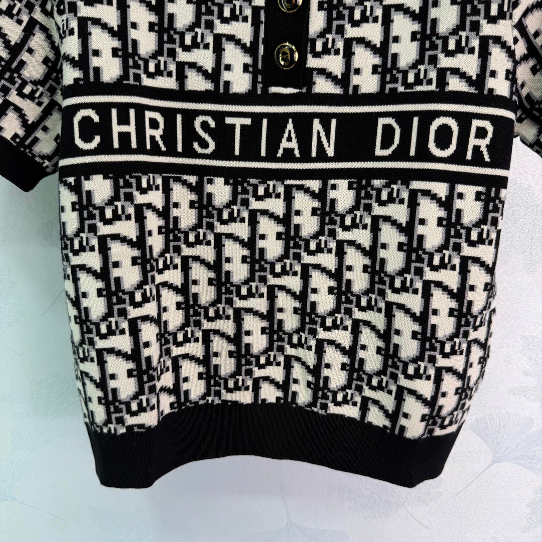 BLACK & WHITE MONOGRAM KNIT POLO TOP