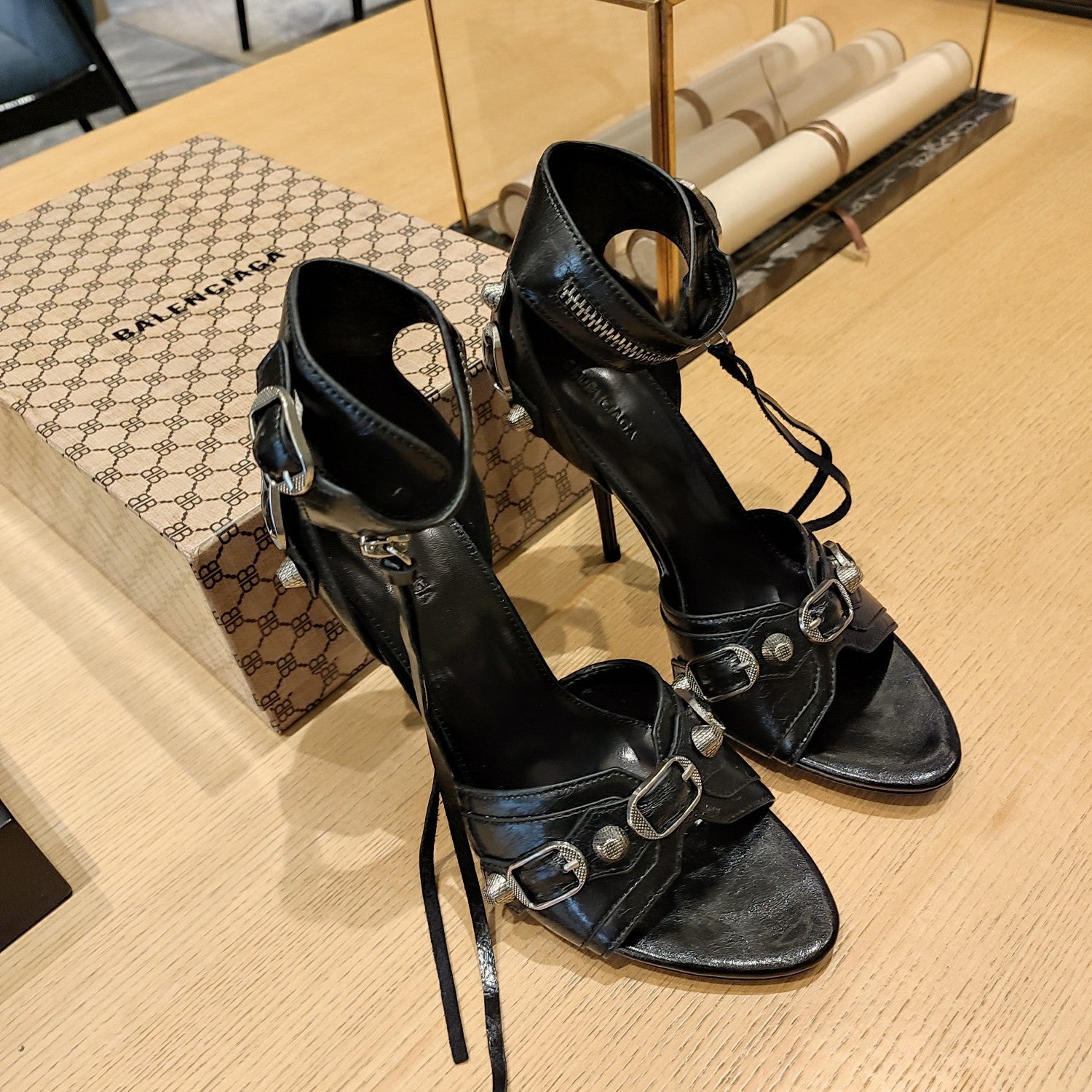 BLACK BUCKLE STRAP HIGH HEEL SANDALS