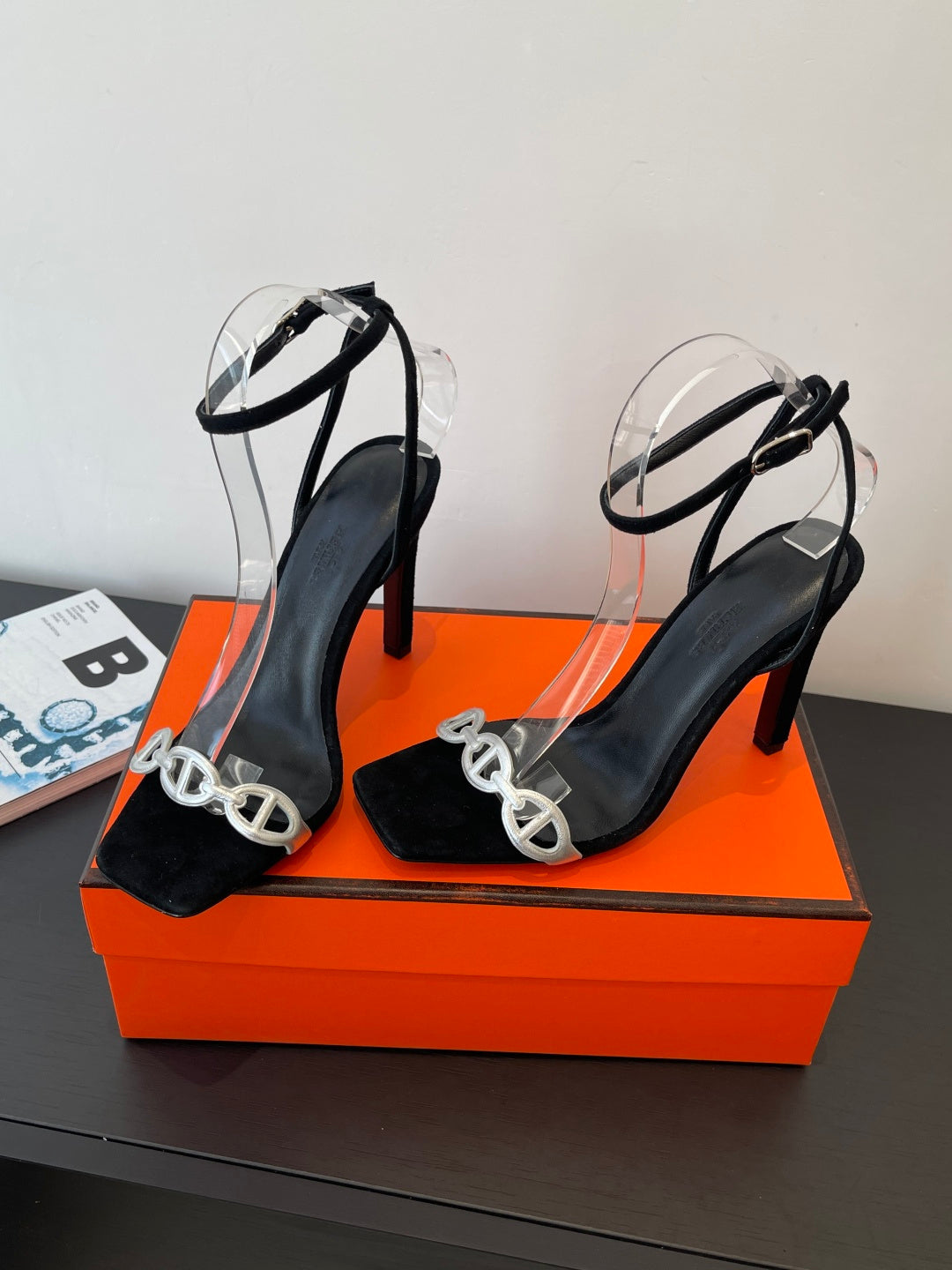 BLACK SUEDE ANKLE STRAP HIGH HEEL SANDALS