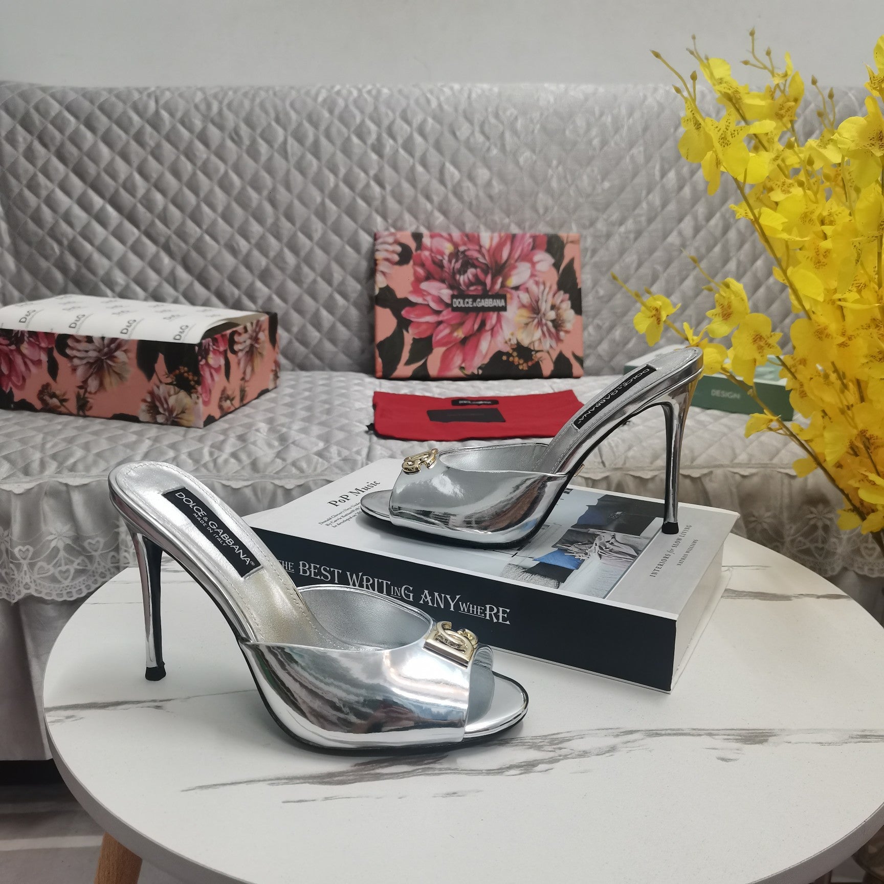 SILVER METALLIC MULE HEEL SANDALS WITH LOGO DETAIL