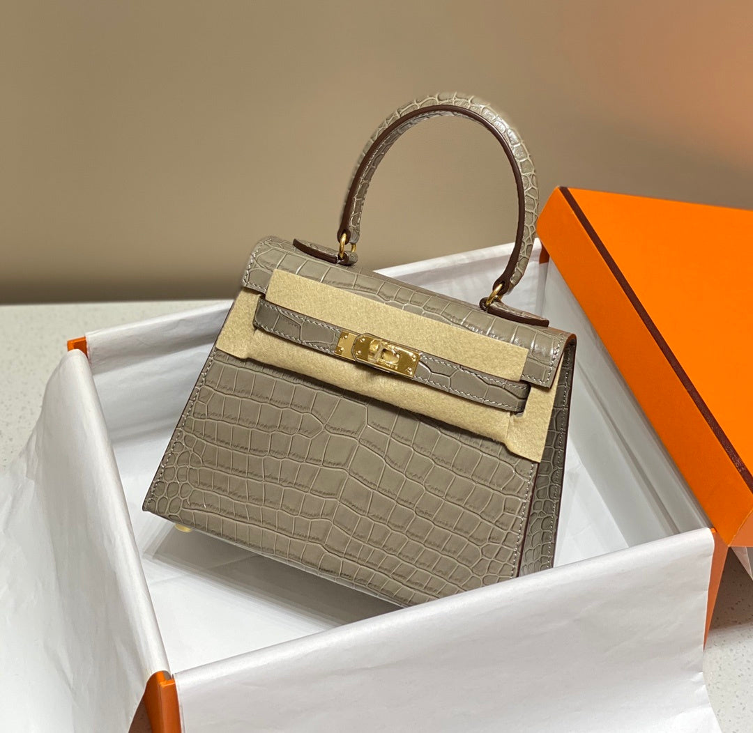 LUXURY TAUPE CROCODILE EMBOSSED MINI TOP HANDLE HANDBAG WITH GOLD HARDWARE