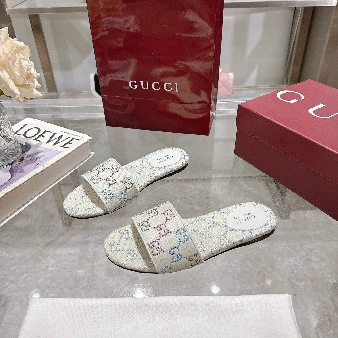WHITE MULTICOLOR PATTERN SLIDE SANDALS