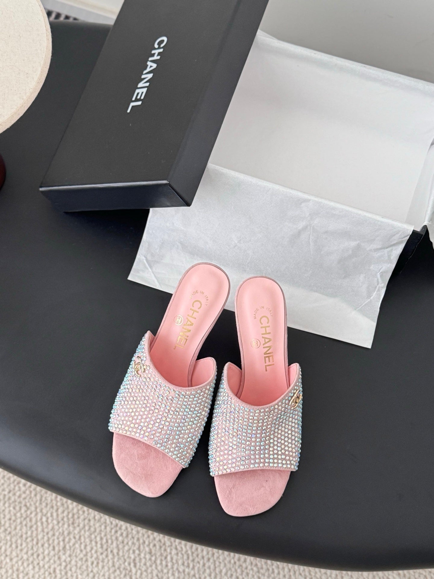 PINK RHINESTONE HEEL MULES