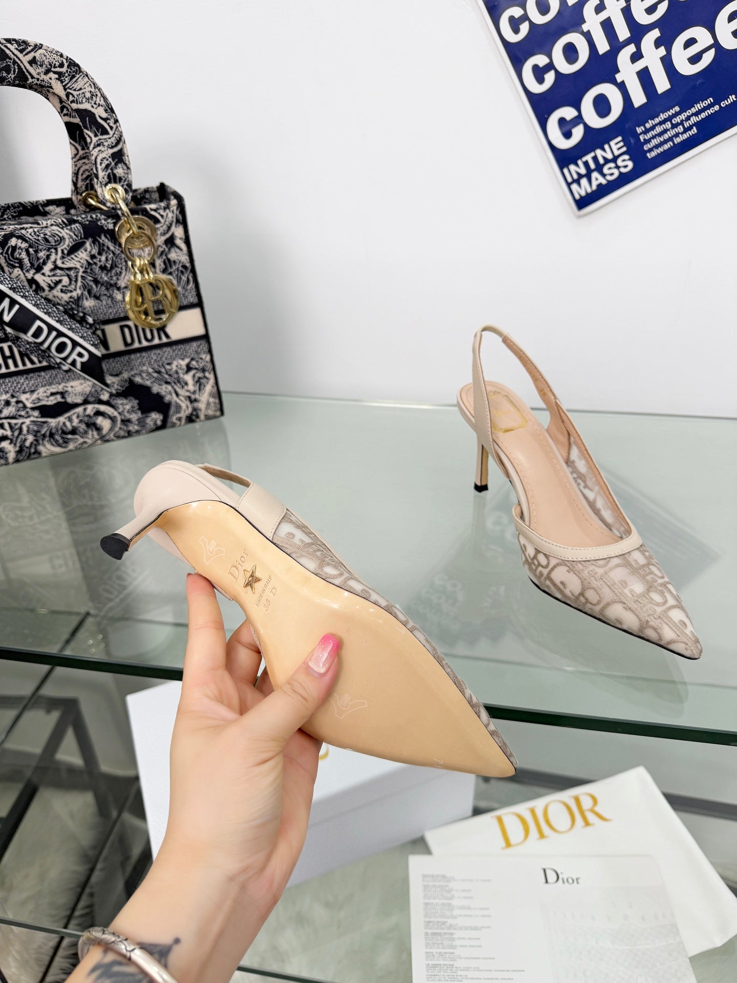 NUDE MONOGRAM MESH SLINGBACK POINTED HEELS