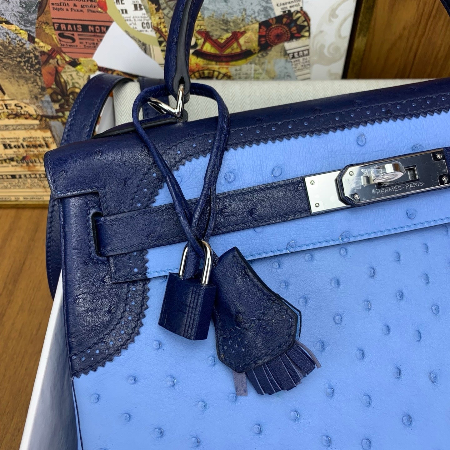 LUXURY BLUE OSTRICH LEATHER TOP HANDLE SHOULDER BAG