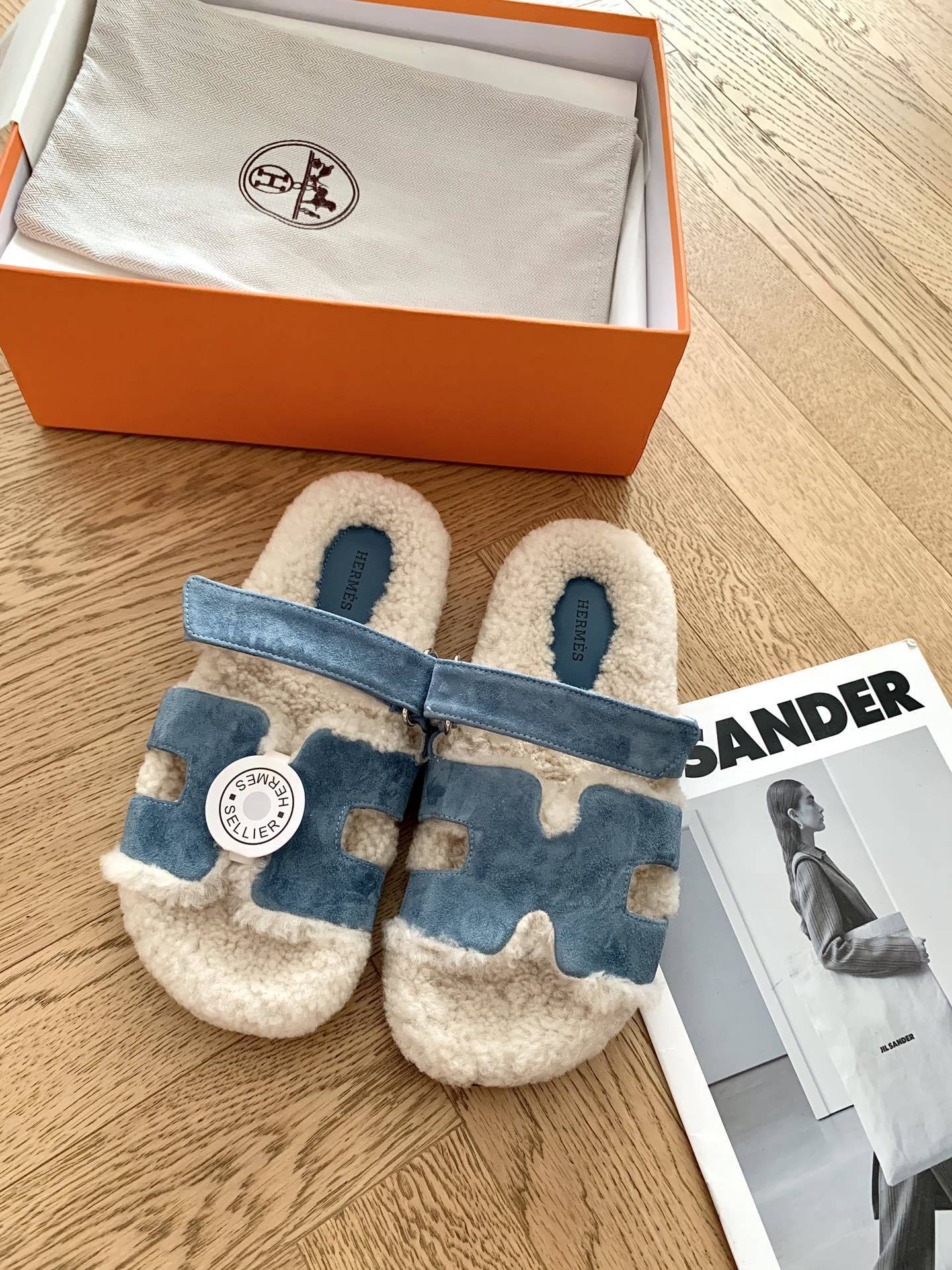 SHEARLING SLIDE SANDALS WITH BLUE SUEDE STRAPS
