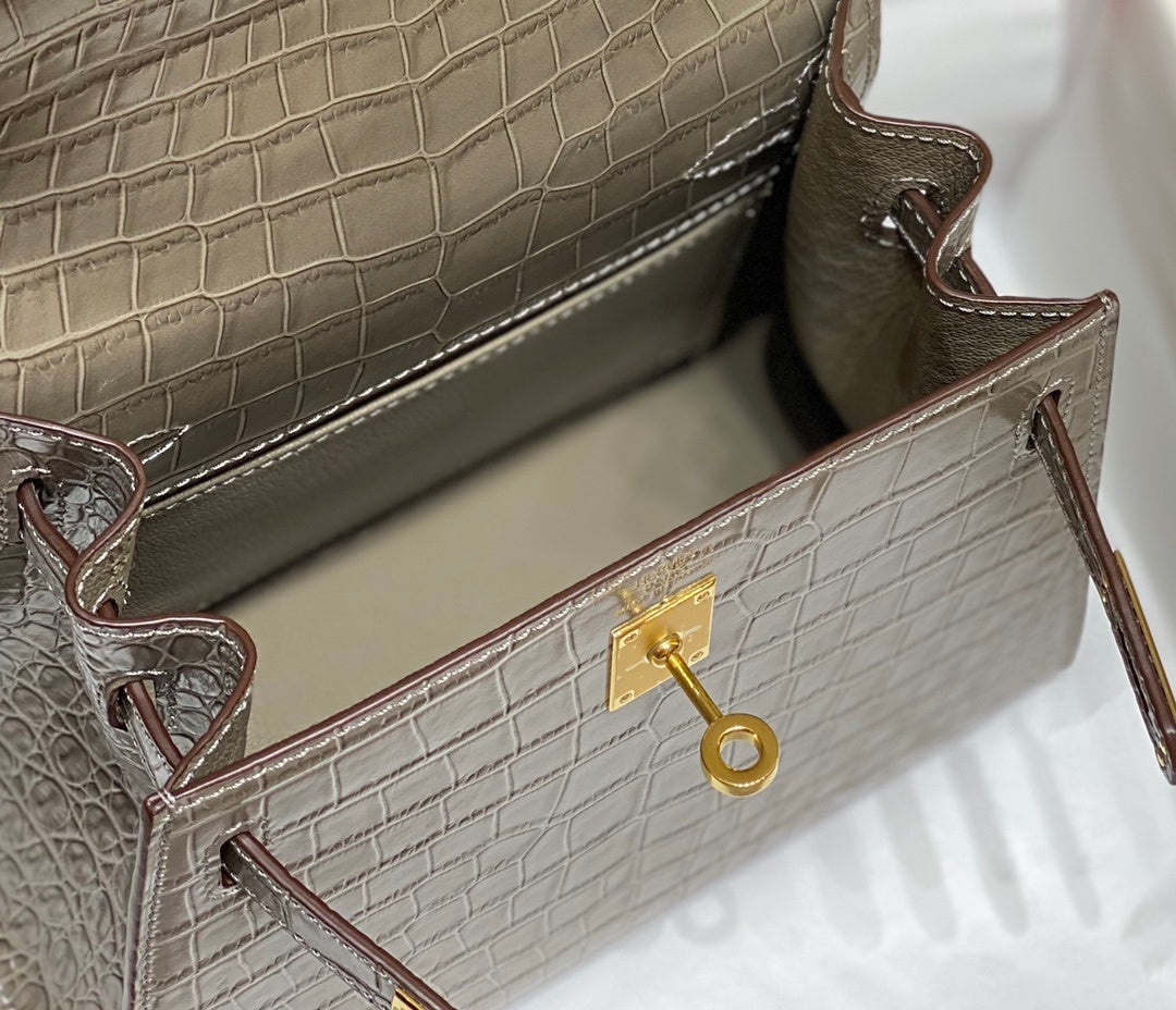 LUXURY TAUPE CROCODILE EMBOSSED MINI TOP HANDLE HANDBAG WITH GOLD HARDWARE