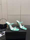 MINT GREEN STRAPPY HEELS WITH GOLD LOGO HEEL