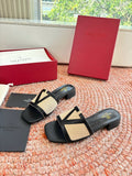 VALENTINO GARAVANI V-LOGO CANVAS SLIDE SANDALS – BLACK & BEIGE