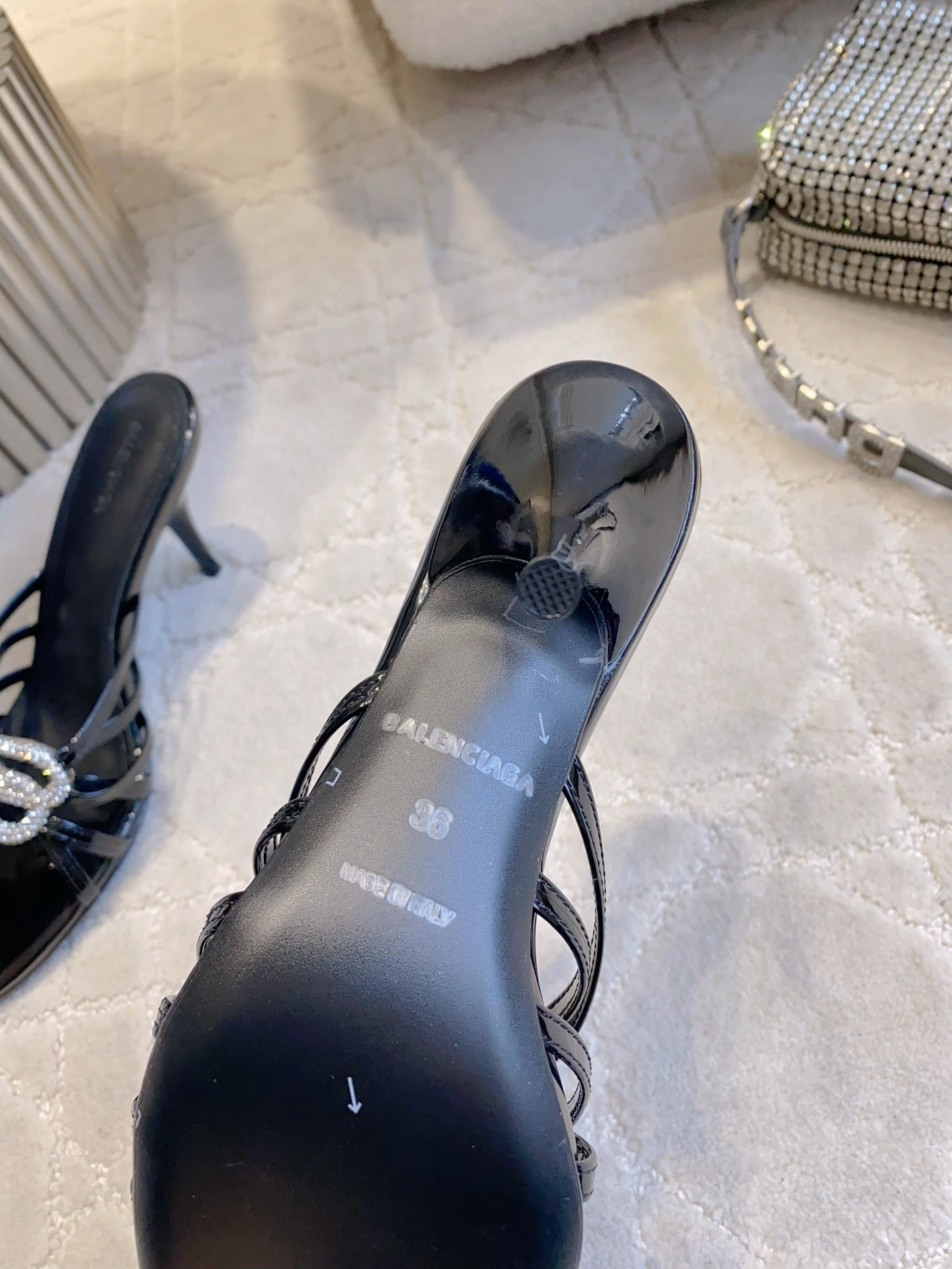 CRYSTAL EMBELLISHED BLACK STRAPPY HEELS