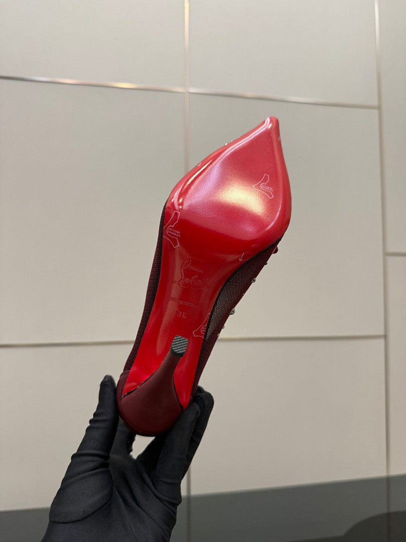BURGUNDY RHINESTONE MESH PUMPS