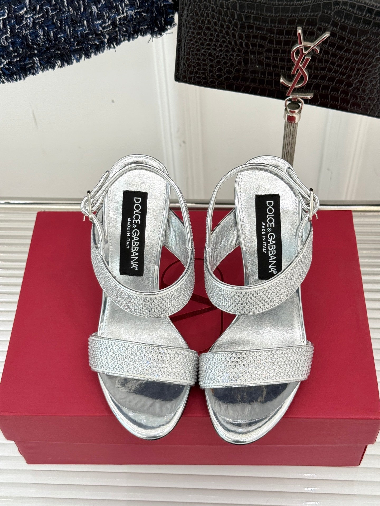 SILVER CRYSTAL-EMBELLISHED STRAPPY STILETTO HEELS