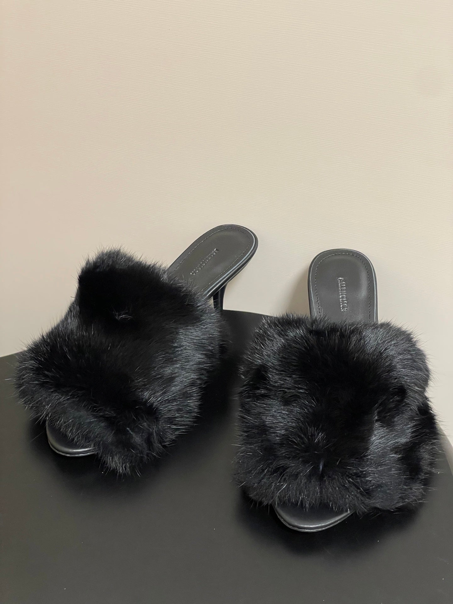 BLACK FUR STRAP MULE HEELS